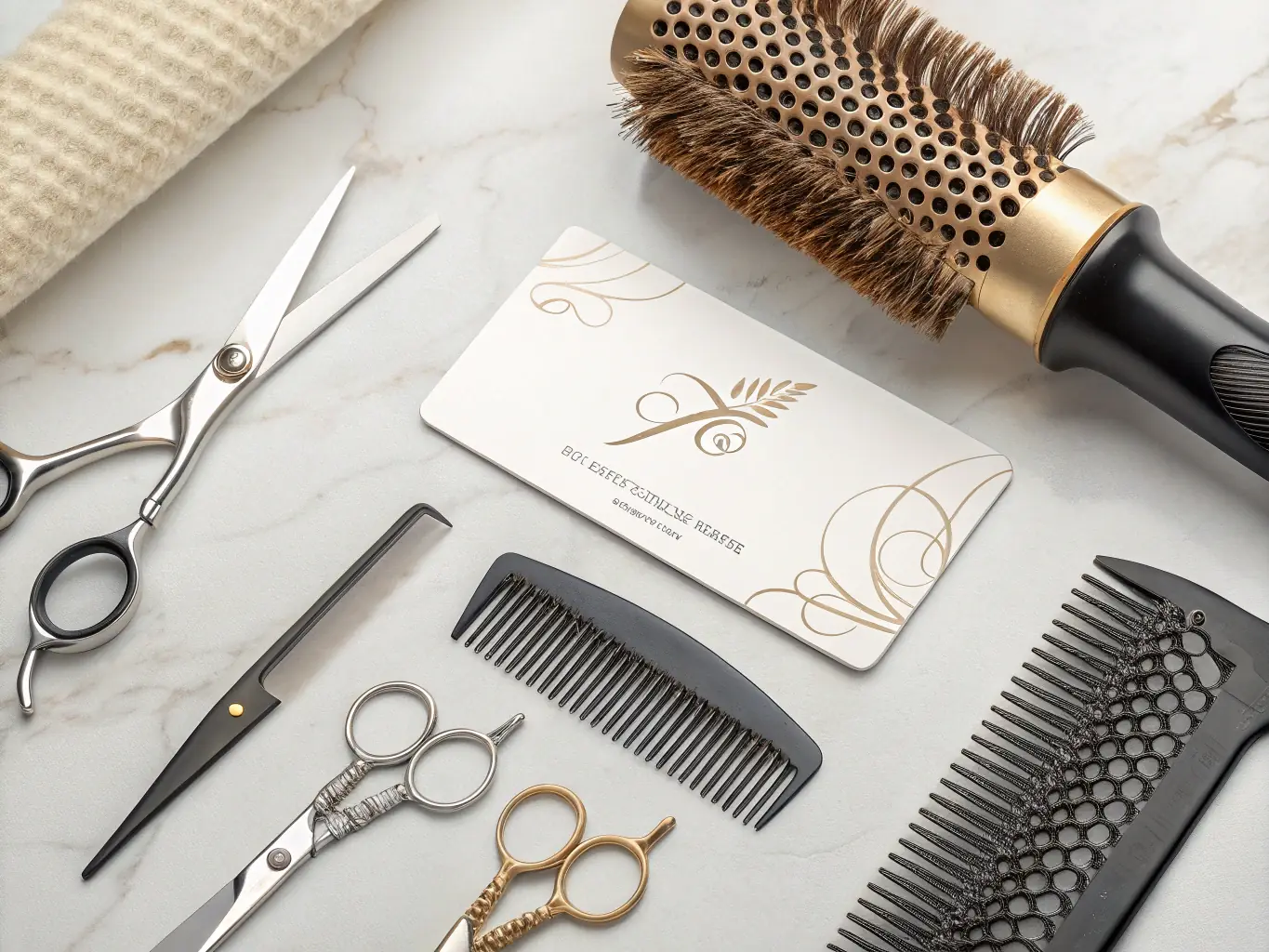 A business card for Professional Hair Styling Tools division, featuring a modern design with hair styling tool imagery.