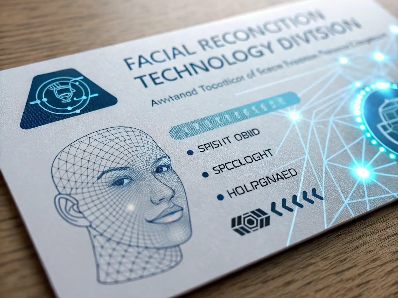 A business card for Facial Recognition Technology division, showcasing a futuristic design with facial recognition technology visuals.