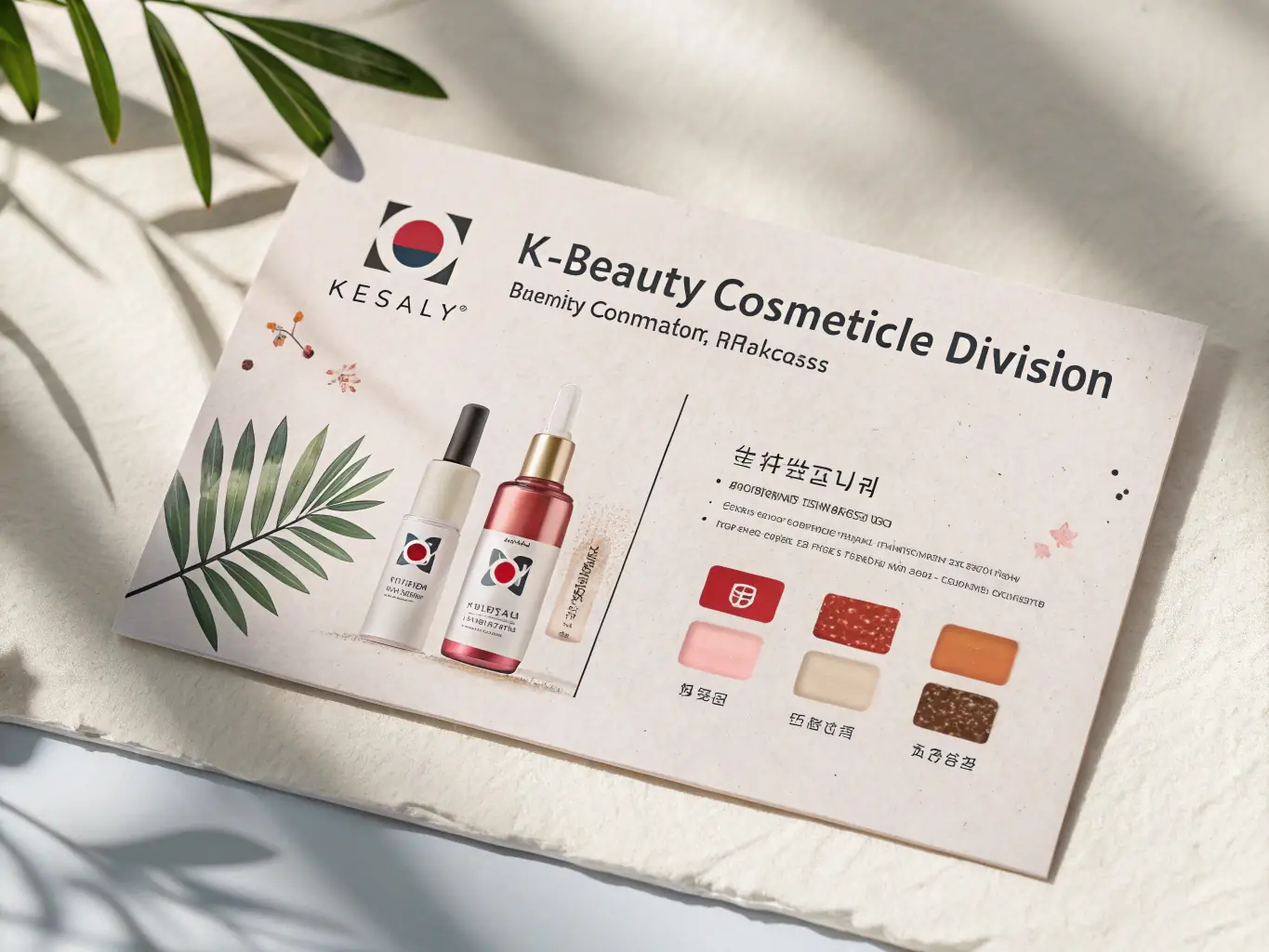 A business card for K-Beauty Cosmetics Wholesale division, featuring a sleek design with Korean beauty product imagery.