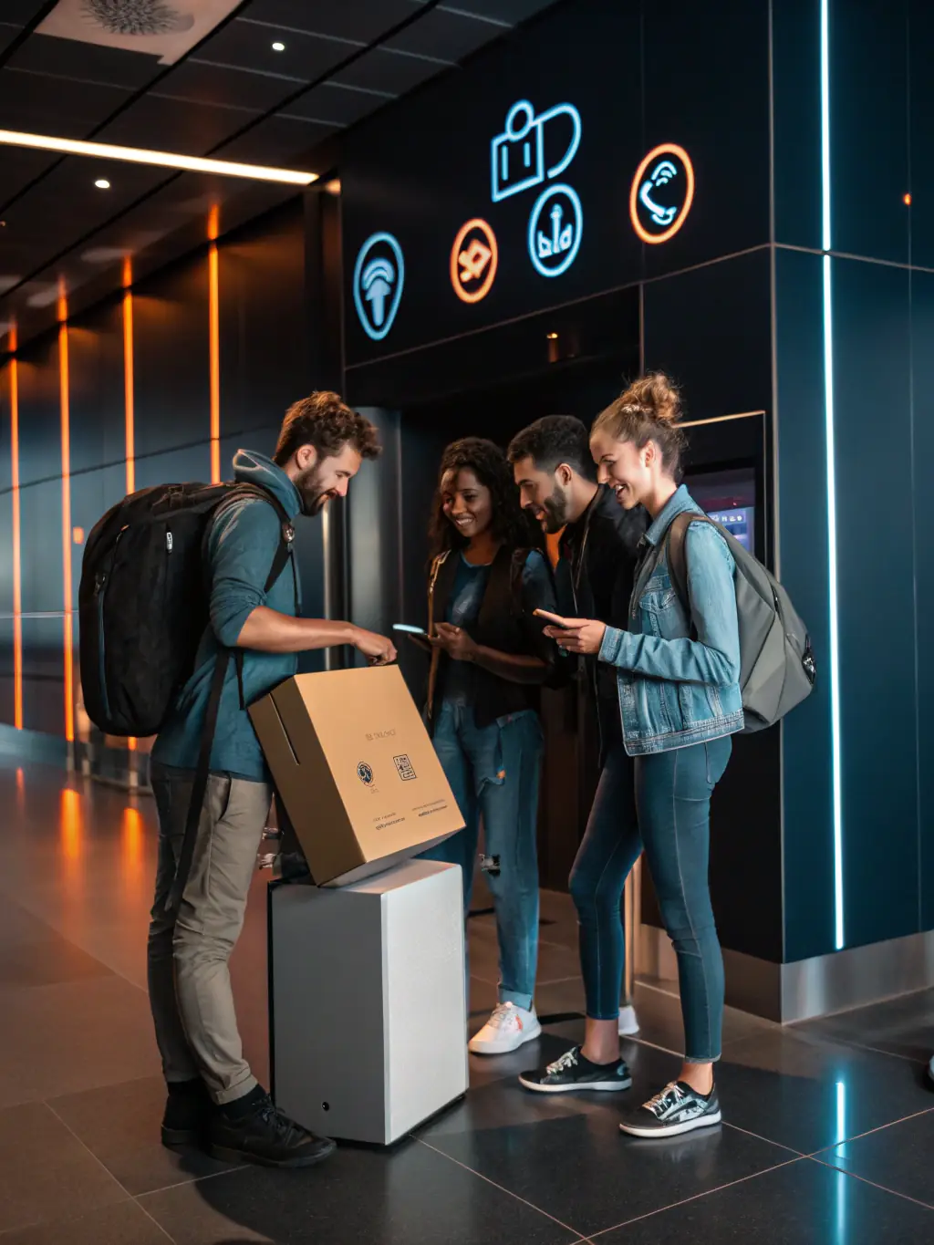 A diverse group of people walking through an airport terminal in Brazil, with facial recognition software discreetly identifying individuals in the crowd, displayed on a transparent overlay.