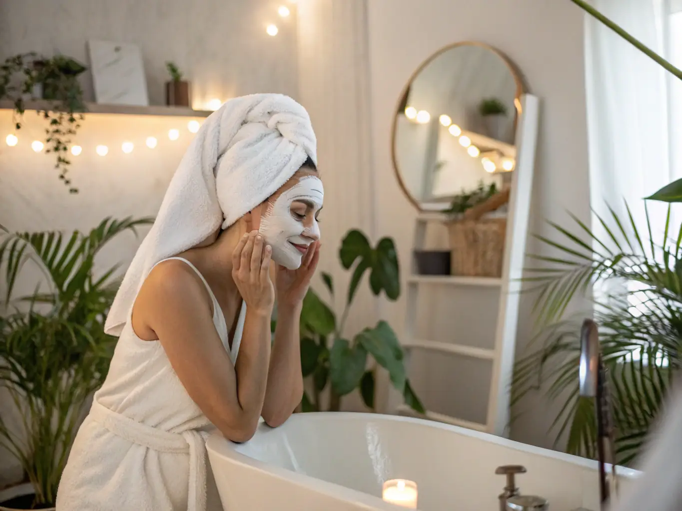 A close-up shot of a woman applying a brightening mask with niacinamide, emphasizing the luxurious texture and the promise of a luminous complexion. The setting is a modern, minimalist bathroom with soft lighting.