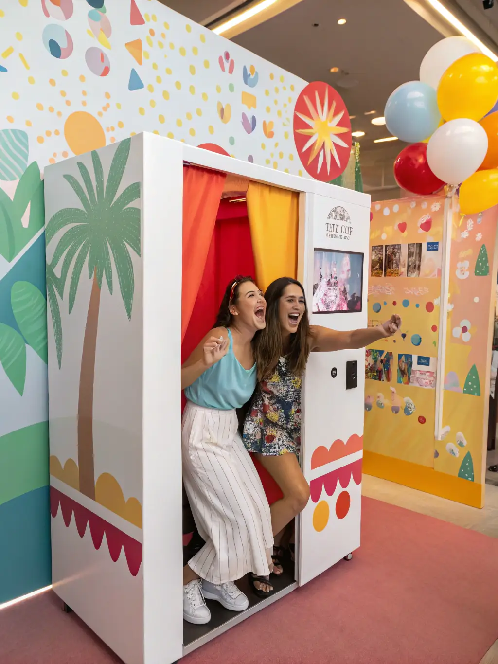 A vibrant photo booth setup with neon lights and Korean-inspired decorations, showcasing a group of friends laughing and taking photos with various props.