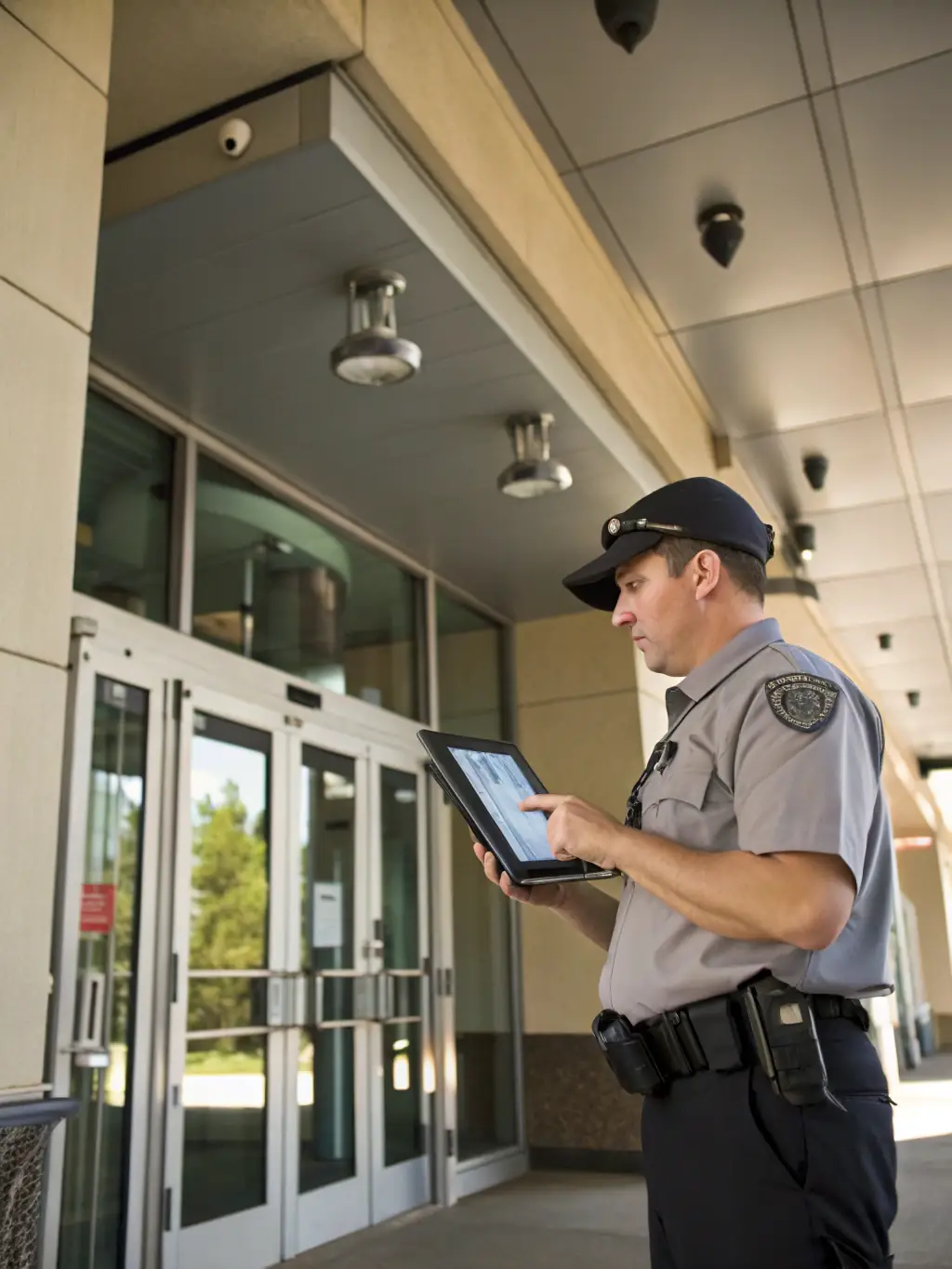 A security guard using a tablet with facial recognition software to verify the identity of employees entering a corporate building in São Paulo, Brazil.