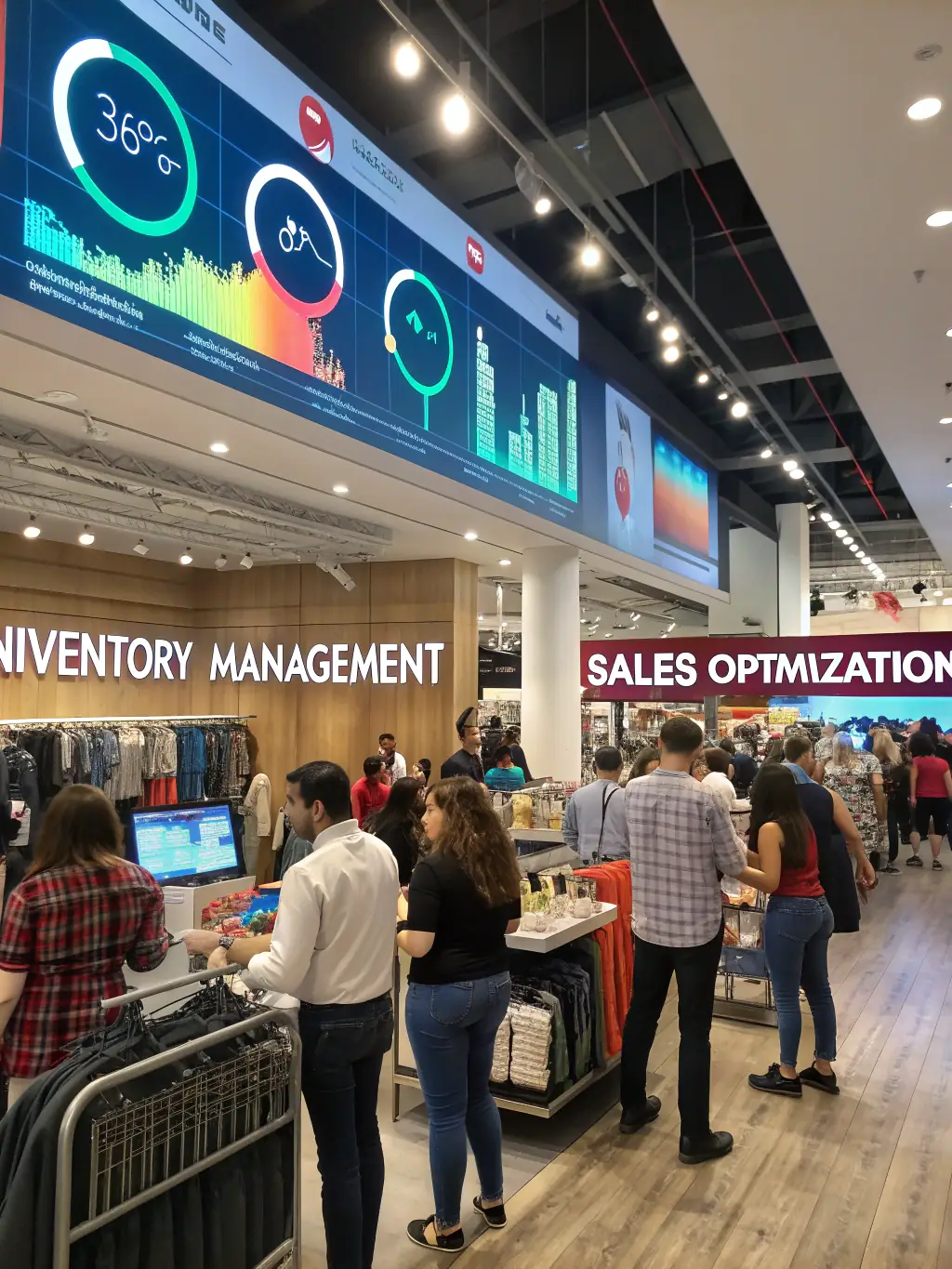 A retail store showcasing customer analytics dashboards, highlighting VIP customer recognition and personalized shopping experiences.