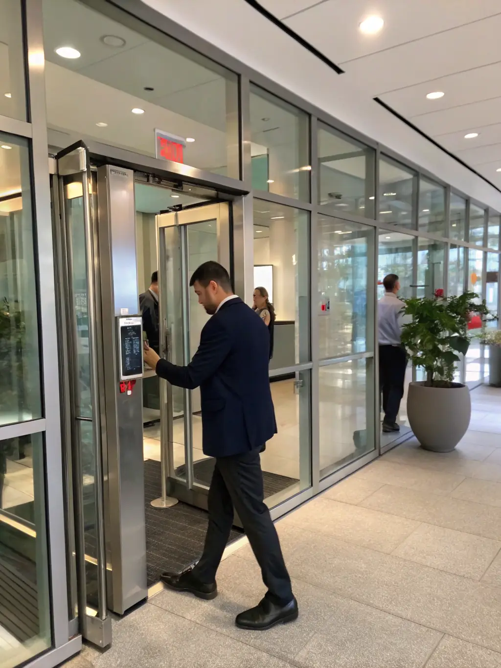 A modern office building entrance with facial recognition scanners granting access to authorized personnel, emphasizing security and efficiency.