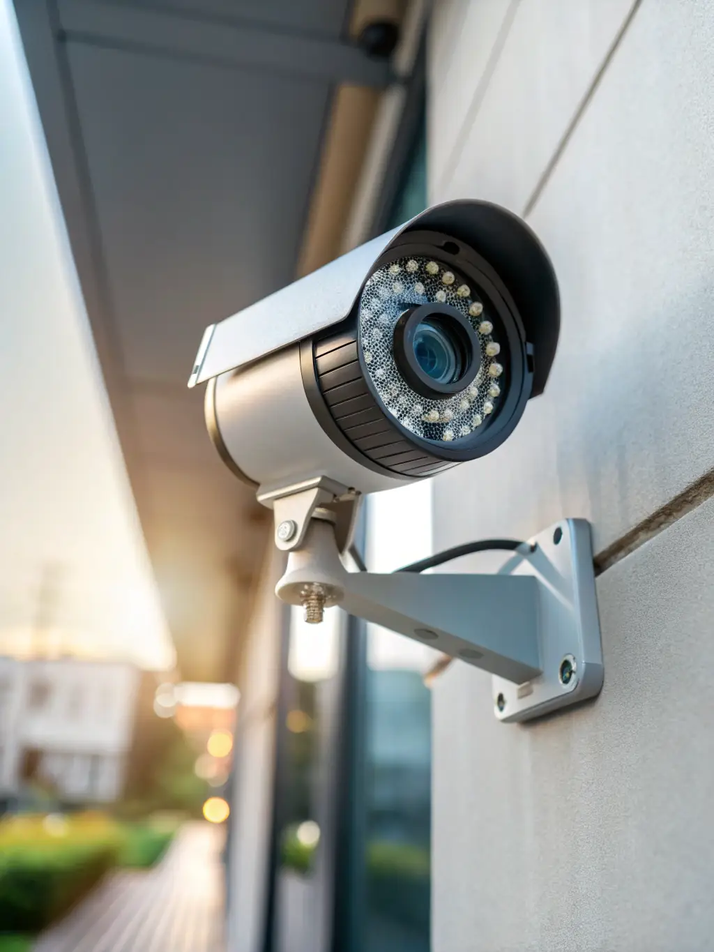 A close-up shot of a modern security camera utilizing facial recognition technology, focusing on the lens and subtle light reflecting off its surface, set against a blurred background of a busy Brazilian street.