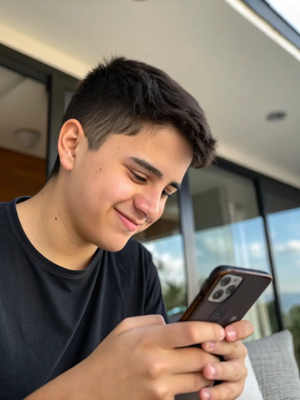 A person using facial recognition to unlock a smartphone in a modern Brazilian home, showcasing the convenience and security of the technology.