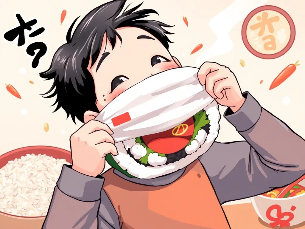 A vibrant image showcasing the 'resear KimBap Roll Mask Sheet' with a person playfully unfolding the mask, highlighting its unique kimbap-roll design and fun user experience. The background includes elements of Korean cuisine and culture.