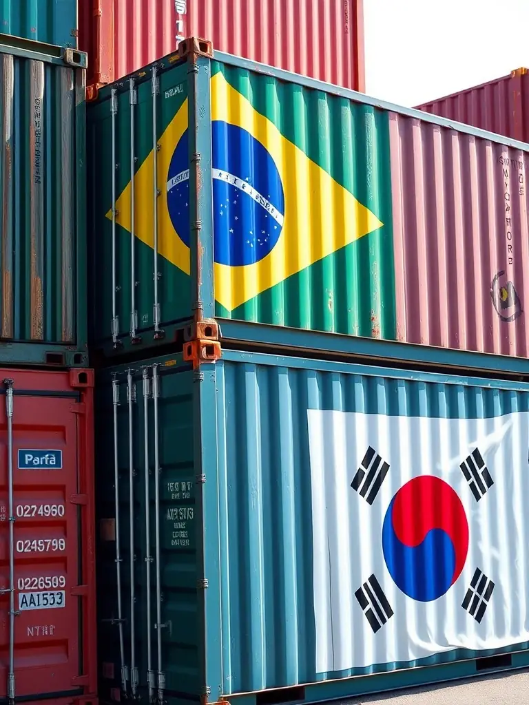 A stack of shipping containers with the Brazilian and South Korean flags, symbolizing import and export between the two countries.