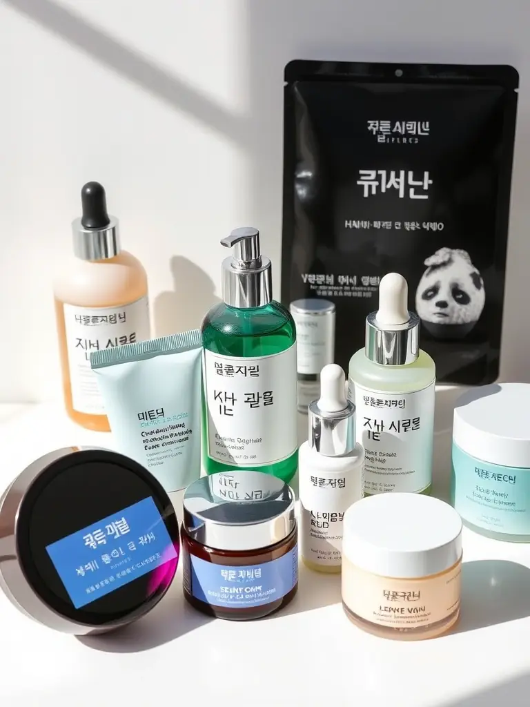 A display of various K-Beauty skincare products, including masks, serums, and creams, with Korean packaging, highlighting Klovebra's K-Beauty selection.