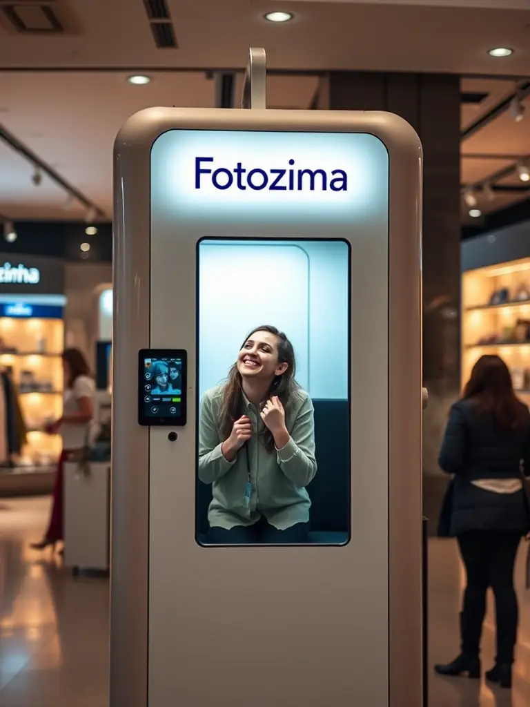 A brightly lit Fotozinha booth with customers laughing and taking photos, showcasing its compact size and modern design.