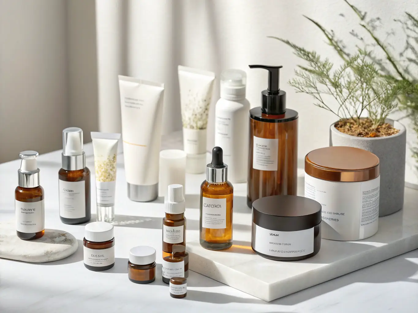 A vibrant display of K-Beauty products, including colorful packaging and various skincare items like serums, masks, and creams, arranged to showcase their appeal to the Brazilian market.