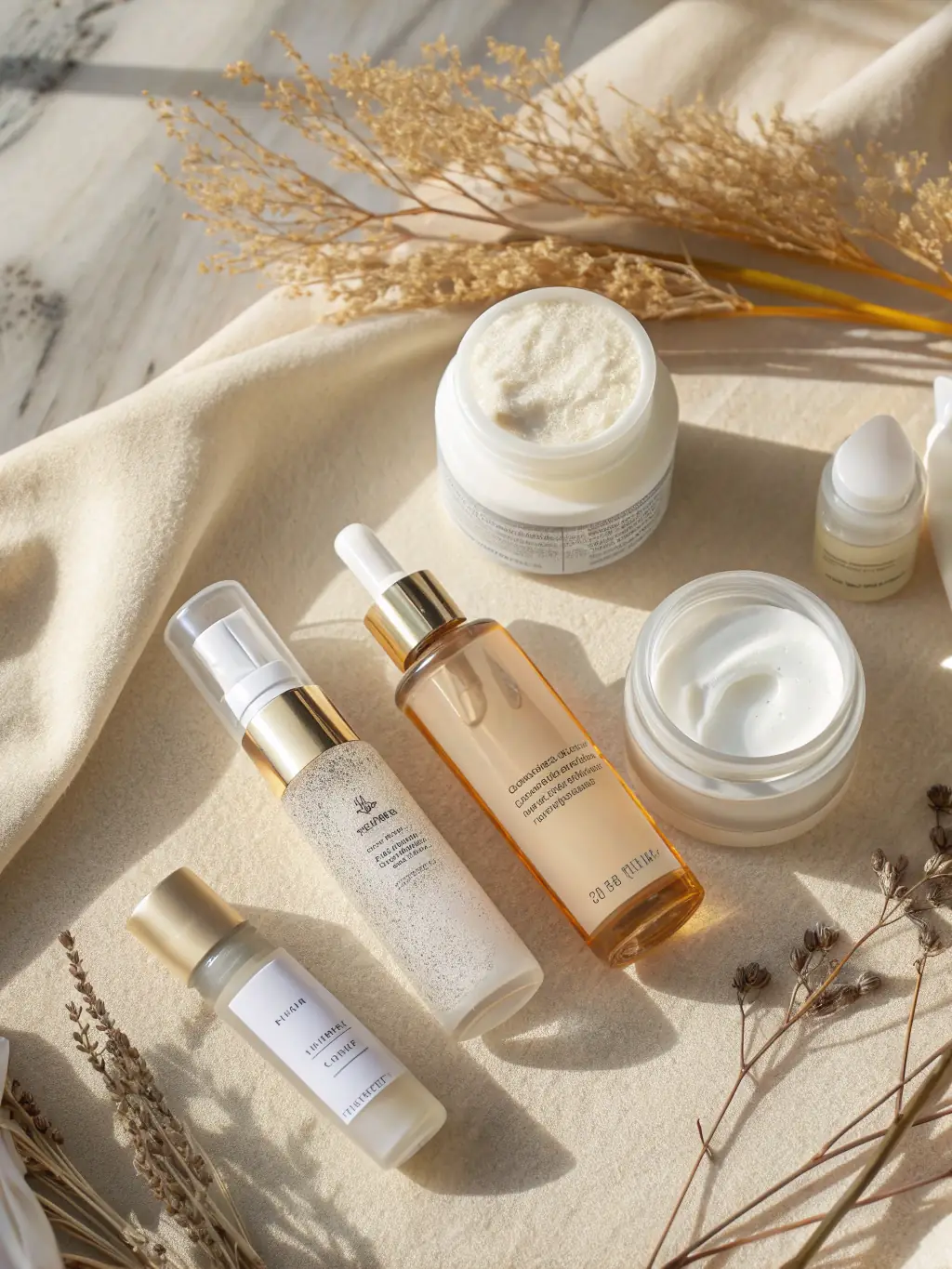 A close-up shot of various K-Beauty product textures, highlighting their smooth, gentle, and skin-friendly qualities, suitable for sensitive skin.