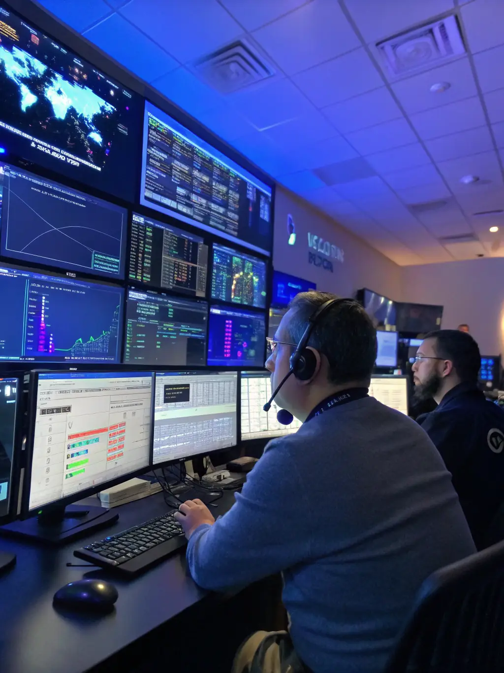 A network operations center (NOC) with a ViewFlex IP video wall displaying server status, network traffic, and security alerts, ensuring continuous monitoring and rapid response to potential issues.