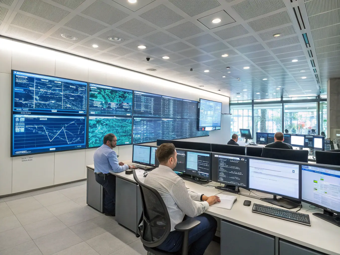 A high-resolution image depicting a modern control room with a ViewFlex IP video wall displaying various data streams and CCTV feeds, showcasing the system's ability to handle multiple video sources.