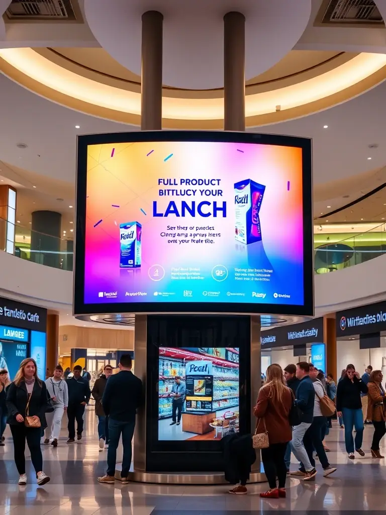 A sleek, modern IP video wall displaying vibrant, high-definition visuals in a commercial setting, showcasing Klovebra's ViewFlex solution.