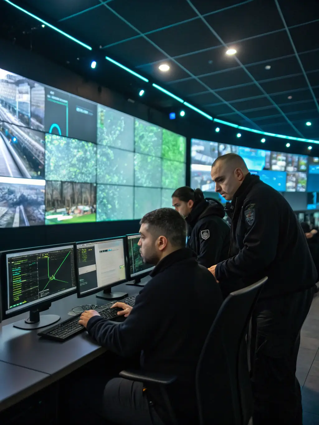 A public safety and monitoring center featuring a ViewFlex IP video wall displaying multiple CCTV feeds, crime statistics, and emergency response maps, enabling proactive security management.