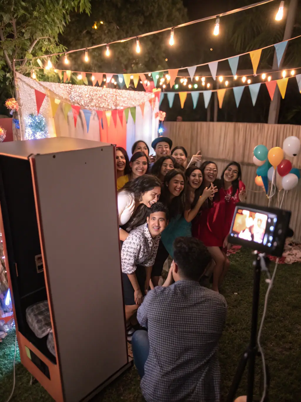 A colorful K-Style photo booth with a group of people taking pictures, decorated with Korean-themed accessories, representing Klovebra's Fotozinha offering.